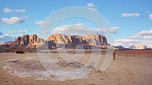 Camel walking on orange red sand of Wadi Rum desert, mountains with blue sunset sky above background