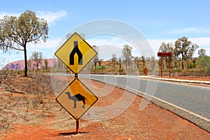 Camel warning road sign in Uluru Kata Tjuta National Park