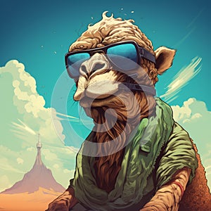 Sci-fi Realism: A Dreamlike Illustration Of A Camel Wearing Sunglasses photo