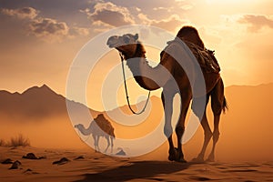 Camel weathers desert sandstorm during the sundowns hazy embrace