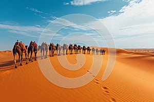 Camelcade on sand dune at desert. The image is generated with the use of an AI.