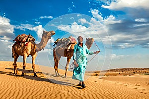 Cameleer camel driver with camels in dunes of Thar