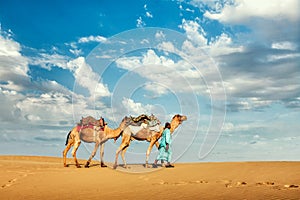 Cameleer camel driver with camels in dunes of Thar