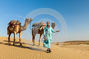 Cameleer (camel driver) with camels in dunes of Thar desert. Raj