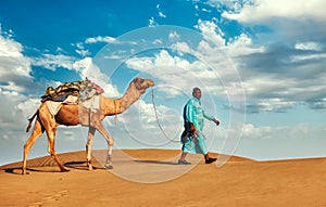 Cameleer camel driver with camels in Rajasthan