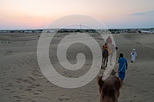 Cameleers taking back their camels, Camelus dromedarius, tourist rides at dusk in sand dunes. Camel riding is a popular activity