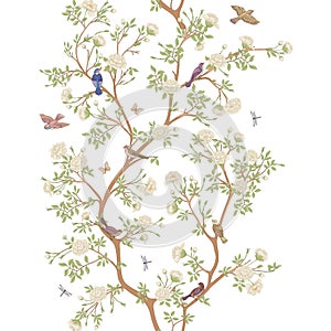 Camellia blossom tree With sparrow, finches, butterflies, dragonflies