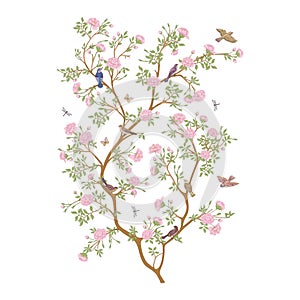 Camellia blossom tree With sparrow, finches, butterflies, dragonflies.
