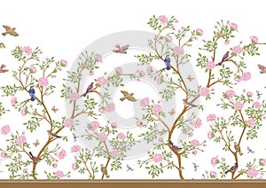 Camellia blossom tree With sparrow, finches, butterflies, dragonflies