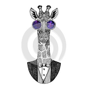 Camelopard, giraffe Hipster animal Hand drawn image for tattoo, emblem, badge, logo, patch photo