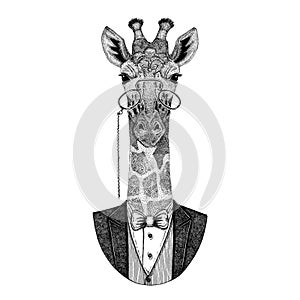 Camelopard, giraffe Hipster animal Hand drawn image for tattoo, emblem, badge, logo, patch photo