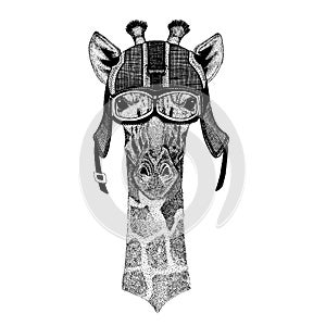 Camelopard, giraffe Hipster animal wearing motorycle helmet. Image for kindergarten children clothing, kids. T-shirt