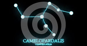 Camelopardalis constellation. Light rays, laser light shining blue color. Stars in the night sky. Cluster of stars and galaxies.