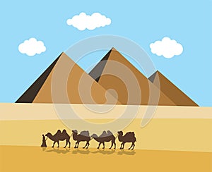 Camels and bedouin in desert, vector