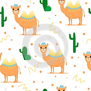 Camels with cactus seamless pattern. Good for fabric, textile. Vector