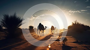 Camels Crossing Sandy Desert at Sunset. Generative AI