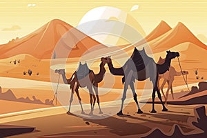 Camels in desert with pyramid background landscape scene illustration