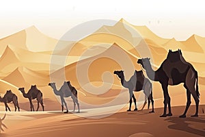 Camels in desert with pyramid background landscape scene illustration