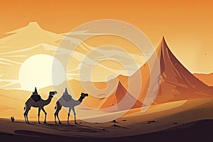 Camels in desert with pyramid background landscape scene illustration