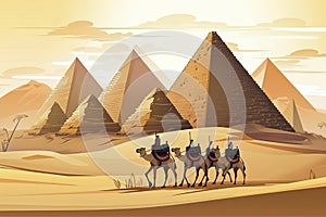 Camels in desert with pyramid background landscape scene illustration