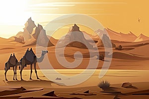 Camels in desert with pyramid background landscape scene illustration