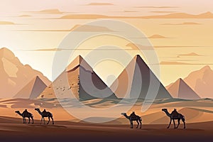 Camels in desert with pyramid background landscape scene illustration