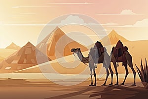 Camels in desert with pyramid background landscape scene illustration