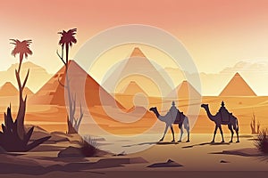 Camels in desert with pyramid background landscape scene illustration