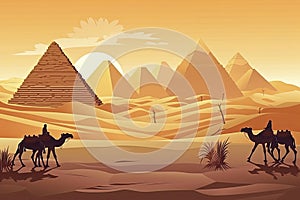 Camels in desert with pyramid background landscape scene illustration