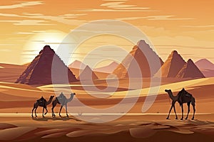 Camels in desert with pyramid background landscape scene illustration