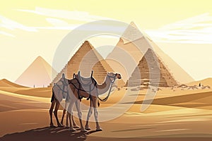 Camels in desert with pyramid background landscape scene illustration