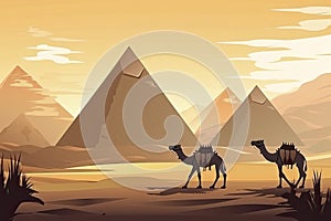 Camels in desert with pyramid background landscape scene illustration