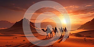 Camels in the dunes of the desert, sunset the desert, nature and travel theme.Generative AI