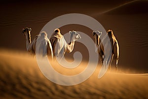 Camels between the dunes in the sahara desert. Amazing African wildlife. Generative Ai