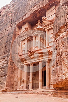 Camels in front of the Al Khazneh temple (The Treasury) in the ancient city Petra, Jord