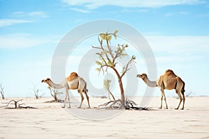 camels grazing on sparse desert vegetation