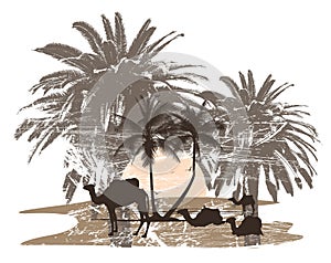 camels and palm tree