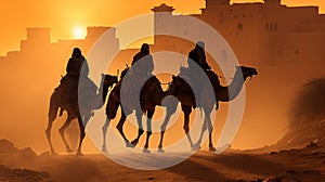 Camels with riders in sunset. Caravan in desert