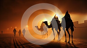 Camels with riders in sunset. Caravan in desert
