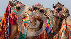 Camels with traditional dresses close up. Generative AI.