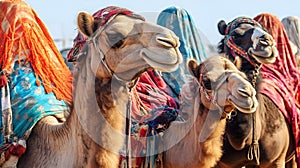 Camels with traditional dresses close up. Generative AI.