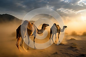 Camels walking through the sahara desert at sunset. Travel and Adventure concept. Generative Ai