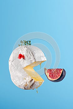 Camembert or brie cheese with pomegranate, honey and thyme looks like pacman eating fig fruit on blue background