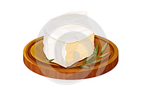 Camembert cheese, brie french soft creamy food on wooden tray in cartoon style isolated on white background.
