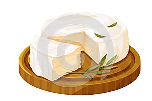 Camembert cheese, brie french soft creamy food on wooden tray in cartoon style isolated on white background.