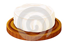 Camembert cheese, brie french soft creamy food on wooden tray in cartoon style isolated on white background.