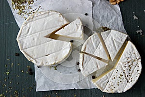 Camembert cheese. Farm products, rustic cheese.