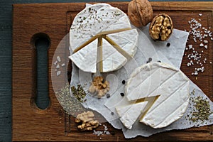 Camembert cheese. Farm products, rustic cheese.