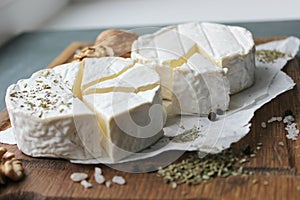 Camembert cheese. Farm products, rustic cheese.