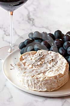 Camembert cheese served with grapes and red wine